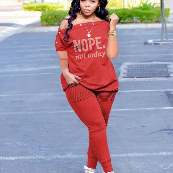 Plus size Diamond Letter Breasted One-Word Collar Loose Two-Piece Set - Picture 2 of 16